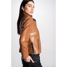 Dericlub Breeze Kadın Dik Yaka Slim Fit Gerçek Deri Mont Taba Taba