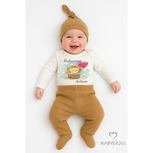 Babyden's Babasının Aslanı Baskılı 3 Lü Bebek Takımı Uzun Kol Çıtçıtlı Zıbın, Pantolon, Bere %100 Pamuk Açık Kahverengi