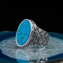 925 Ayar Gümüş Oval Firuze Taşlı Örgü Desenli Erkek Yüzük - 554230460