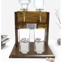 Kişiye Özel Renkli Baskılı Selvi Boylum Al Yazmalım Tasarımlı İkili Rakı Bardağı Ve Çift Musluklu Doğal Ahşap Rakı Standı-1