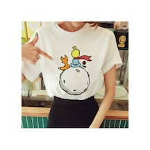 Tarzsokak Kadın Beyaz Küçük Prens Baskılı Bisiklet Yaka Oversize Geniş Kalıp T-shirt Tişört