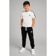 Eray Alp Kids Erkek Çocuk Baskılı Beyaz Tişört Siyah Eşofman Takımı Günlük Rahat Kombin