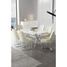 Canisa Epal Serisi 90x168 Lak Panel Beyaz Mermer Desen Masa Takımı Krom Ayaklı 6 Krem Sandalye Beyaz Mermer Desen Masa Sandalyeler Krem