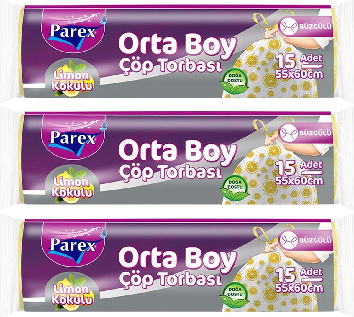 Premium Büzgülü Çöp Torbası Limon Kokulu 15'li Orta Boy 55 X 60 Cm Üçlü Paket