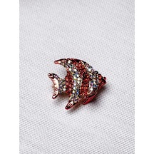 Kırmızı Taşlı Balık Figürlü Broş Işıltılı Kadın Aksesuarı Gold