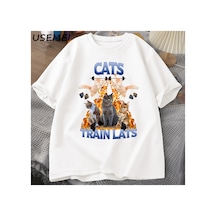 Kedi Tren Lats Graphci T Shirt Komik Spor Adam Giysileri Tshirt Boy Rahat Pamuk Kısa Kollu Ti 2961 Beyaz