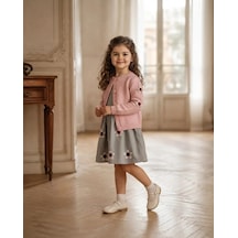 Çiçekli Triko Hırkalı Kız Çocuk Elbise Gri Pembe