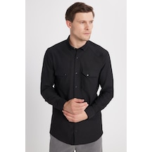 Tudors Erkek Regular Fit Rahat Kesim Çift Cepli Spor Yaka Denim Siyah Gömlek-36862 Siyah