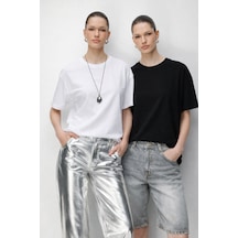 Mixray 48522 Kadın Yırtmaçlı Oversize Basic %100 Pamuk 2 Li T-shirt Beyaz Siyah Siyah - Beyaz
