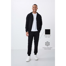 Tommy Life Siyah Kompakt Pamuklu Kalın Pürüzsüz Dokulu Kapüşonlu Comfort Fit Erkek Eşofman Takım - 85262 Siyah