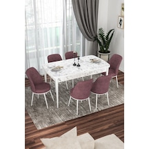 Canisa Concept Kor Serisi 70x114 Açılabilir Mutfak Masası Takımı Beyaz Mermer Desen Masa 6 Gül Kurusu Sandalye Masa Beyaz Mermer Desen Sandalyeler Gülkurusu