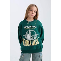 DeFacto Kız Çocuk Oversize Geniş Kalıp Bisiklet Yaka Baskılı Sweatshirt D7045A824WNGN1116 Yeşil