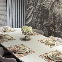 Keten 6 Lı Ay Desen 6 Amerikan Servis &6 Peçete 45x30-30x30 Çok Renkli