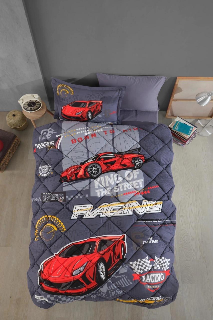 Clasy Ranforce %100 Pamuk Tek Kişilik Uyku Seti Lastikli Çarşaflı Racing Team Gri
