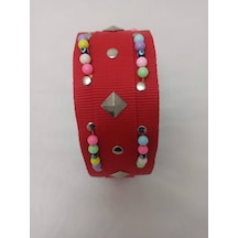 Kozaklı Süslü Boncuklu El İşlemeli Köpek Tasması Kırmızı 70 x 4 CM Kırmızı
