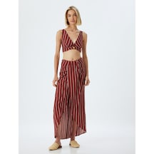 Koton Koton X Melis Ağazat - Crop Büstiyer V Yaka Viskon Gipeli Slim Fit Kahverengi Çizgili 4sak30144ew