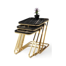 Parlak Ahşap Mermer Desenli 3 Lü Zigon Sehpa Metal Gold Ayaklı Pars