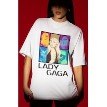 Sevbano Tasarım Lady Gaga Şarkıcı Baskılı Unisex Oversize Tişört Beyaz
