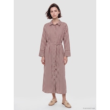 Lcw Modest Bordo Beli Kuşaklı Çizgili Gömlek Elbise
