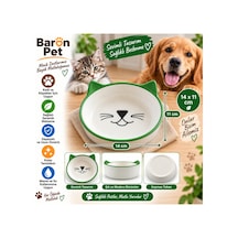 Pet Kedi Köpek Seramik Mama Ve Su Kabı 14x11 Cm Kedi Kulaklı Oval Kaymaz Tabanlı - Yeşil