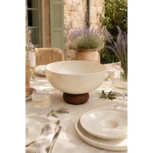 Ayaklı Seramik Salata Kasesi 19 Cm Ahşap Tabanlı Meyvelik Ve Servis - Sunum Kasesi Krem - 890571069