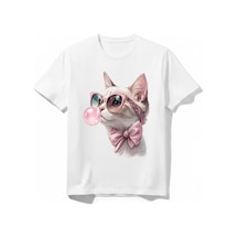 Urbantrendstore Kedi Temalı Funny Sevimli Tatlı Unisex Kız Çocuk Bisiklet Yuvarlak Yaka Basic Kısa Kollu %100 Pamuk Tişört Beyaz
