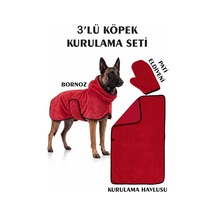 3'lü Köpek Kurulama Seti Bornoz-havlu-pati Eldiveni Süper Su Emici Yaz-kış Set Bordo