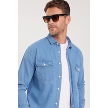 Tudors Erkek Relax Fit Rahat Kesim Spor Yaka Çift Cep Kapaklı Denim Gömlek-37941 Açık Mavi