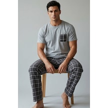 Siyah İnci Cep Nakışlı Örme Kısa Kollu Pijama Takım 8000 Gri Melanj Antrasit Ekose
