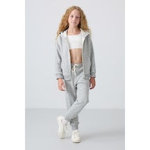 Tommy Life Gri Melanj Pamuklu İçi Tüylü Yumuşak Dokulu Standart Fit Nakışlı Kız Çocuk Eşofman Takım - 75148 Gri Melanj