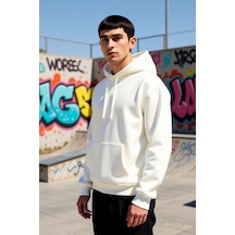 Benerly Erkek Kapüşonlu Düşük Kol Uzun Kollu Oversize Kalıp Sweatshirt Fo Ekru