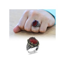 Faset Kırmızı Zirkon Taşlı Otantik Tasarım 925 Ayar Gümüş Erkek Yüzük