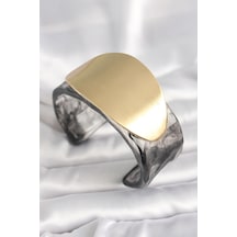 Siyah Mermer Desen Akrilik Plastik Gold Oval Plaka Model Vintage Kadın Bilezik Siyah