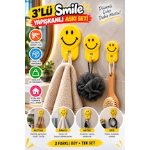 Mucit Home 3'lü Smile Gülen Yüz Yapışkanlı Askı Seti Delmesiz Duvar Askılığı Banyo Mutfak Havlu Askı Sarı