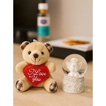 Sevgiliye Eşe Özel Günlere Hediye Sevimli Mini Peluş Ayıcık Ve Mini Melek Kar Küresi Set Bej Rengi Renkli