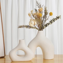 Modern Minimalist Bohem Dekor İçin 2'li Beyaz Seramik Vazo Seti, Pampa Çimi İçin Yuvarlak Mat Donut Vazolar - Oturma Odası, Yemek Masası, Ofis Yatak Odası Raf Dekoru Noel Günü Hediyeleri İçin Diğer