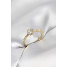 Tek Taş Model Gold Renk Zirkon Taşlı Kadın Yüzük - Tj-byk4088 Beyaz