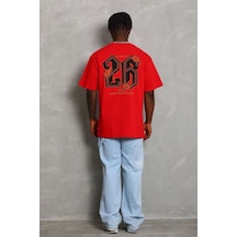 Unisex Oversize Baskılı Bisiklet Yaka T-shirt - Kırmızı