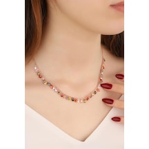 Sallantılı Renkli Damla Taşlı Gümüş Kolye Rose Gold