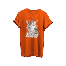 Geyik Ve Av Köpeği Çizim Baskılı %100 Pamuk Regular Fit Bisiklet Yaka Unisex T-shirt Turuncu