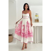 Asprin Fashion Desenli Keten Elbise Pembe Pembe