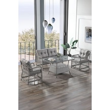 Breda Rattan Örgü Bahçe Balkon Takımı 2+1+1 Cam Masalı Gri Gri
