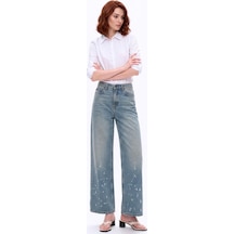 Bluew White Kadın Açık Mavi Yüksek Bel Wide Leg Boya Efektli Jean Pantolon