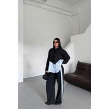 Polyviskon - Poplin Parçalı Gömlek Pantolon Takım - Siyah Siyah