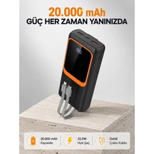 Powerbank 20000 Mah 22.5w Hızlı Şarjlı Ve Kompakt Çoklu Kablo Çıkışlı Siyah 31577377