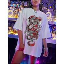 Flood Of Style Kadın Beyaz Dragon Baskılı Oversize Bisiklet Yaka T-shirt