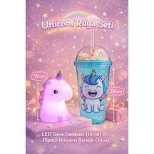 2 Li Set Işıklı Renkli Unicorn Figürlü Gece Lambası & Pipetli Boncuk Detaylı Suluk Bardak Mavi 450ml Çok Renkli