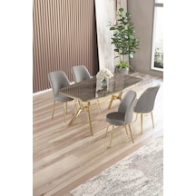 Canisa Lena Serisi 90x160 Lak Panel Antrasit İroni Gold Kaplama Ayaklı Masa Takımı Ve 4 Gri Sandalye Antrasit İroni Masa Gri Sandalye