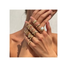 Luxor Gold 12 Adet İncili Fransız Tasarım Barok Tarz Vintage Çoklu Ayarlanabilir Altın Yüzük Seti