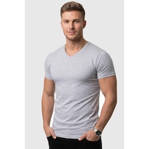 Rizzup Erkek Gri Slim Fit %90 Pamuk V Yaka Likralı Yumuşak Dokulu Basic Tişört 1801165